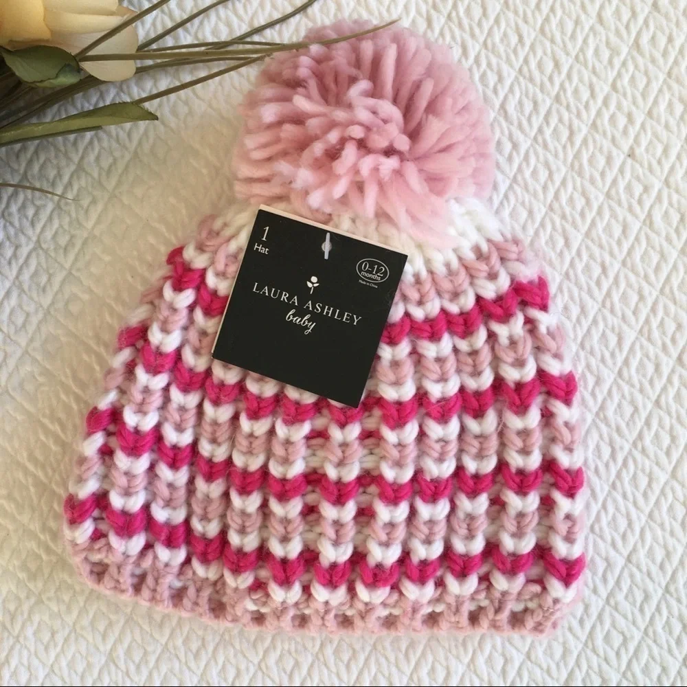 NWT Laura Ashley Baby Knit Pom Pom Hat 0-12m Pink Stripe